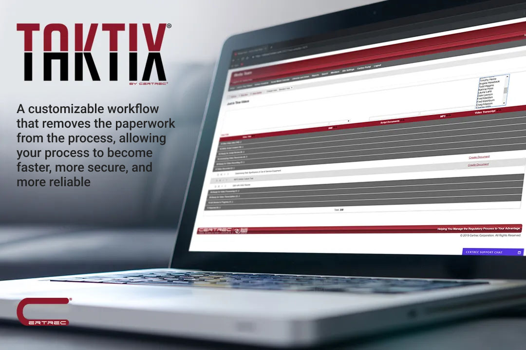 A close-up of a laptop displaying the TAKTIX software interface. To the left, the TAKTIX logo appears above text describing it as a customizable workflow tool that eliminates paperwork, enhancing speed, security, and reliability. The CERTREC logo is shown on the laptop's base.