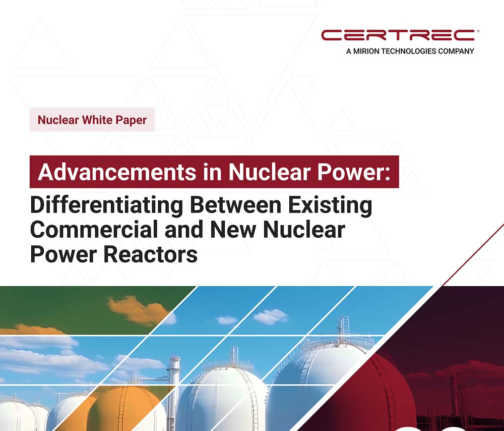 This image showcases a white paper titled "Advancements in Nuclear Power: Differentiating Between Existing Commercial and New Nuclear Power Reactors", published by Certrec. The white paper likely discusses the differences and advancements between traditional and modern nuclear reactor technologies. The image features a modern design with a split color scheme, including images of nuclear power plant reactors, which further aligns with the theme of the paper. The Certrec logo indicates the company's involvement in this research and expertise in the nuclear energy sector.