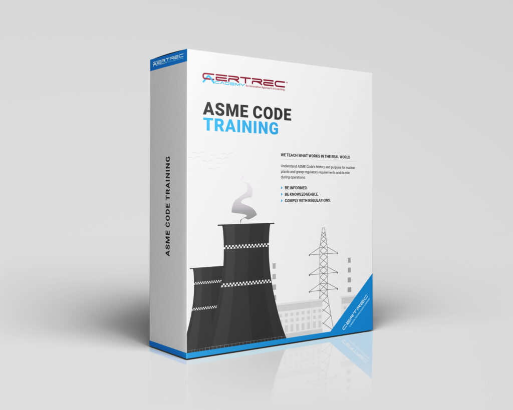 Box design for Certrec Academy’s “ASME Code Training” course, featuring a stylized nuclear facility, a checklist clipboard, and a focused professional. The design reflects training on the application of ASME codes and standards relevant to nuclear plant construction, operation, and maintenance.