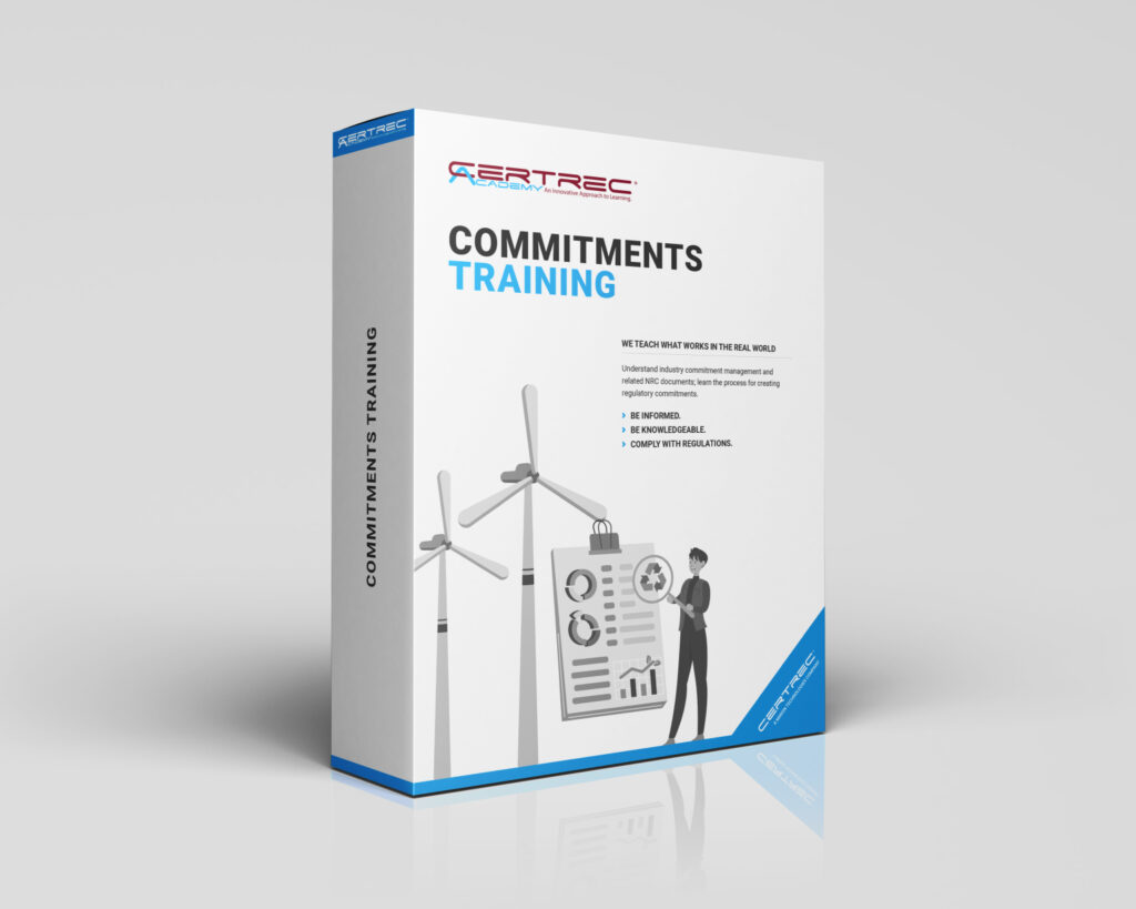 Box design for Certrec Academy’s “Commitments Training” course, depicting a nuclear power plant, a checklist clipboard, and a professional figure in a reflective pose. The visual highlights training on managing and maintaining regulatory commitments to ensure ongoing nuclear compliance.