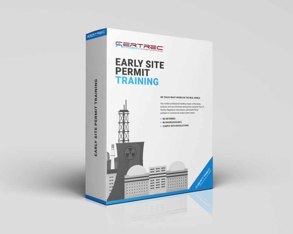 Box design for Certrec Academy’s “Early Site Permit Training” course, featuring a nuclear plant illustration, a checklist clipboard, and a professional deep in thought. The design highlights training on the process and requirements for obtaining an NRC Early Site Permit under 10 CFR Part 52.