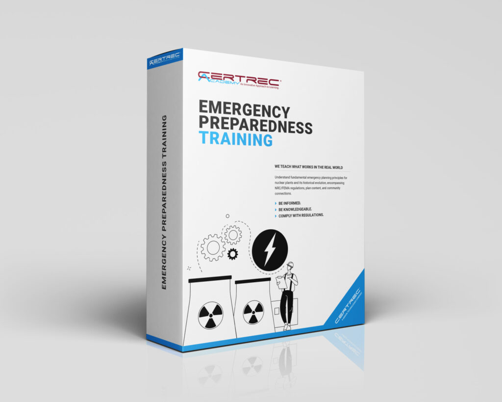 Box design for Certrec Academy’s “Emergency Preparedness Training” course, showing a nuclear power plant, a checklist clipboard, and a professional figure in a planning pose. The design highlights training on emergency response planning, drills, and NRC requirements for nuclear facility preparedness.