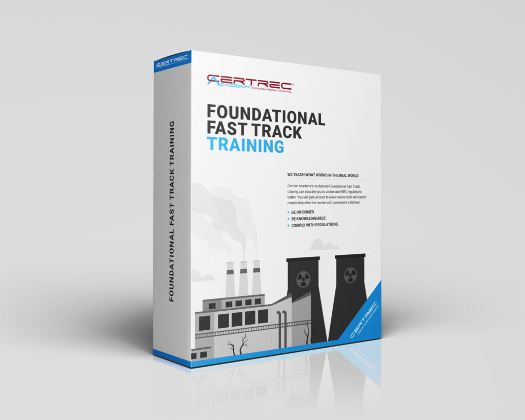 Box design for Certrec Academy’s “Foundational Fast Track Training” course, featuring illustrations of a generic power facility, checklist clipboard, and a focused professional. The design represents a streamlined program introducing key regulatory and operational principles across the energy sector.