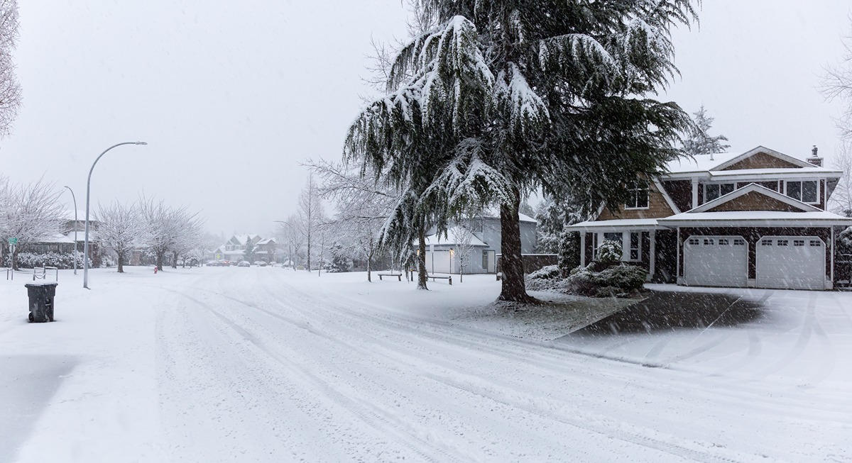 Snow-covered suburban street with a two-story house, trees weighed down by heavy snow, and a trash bin by the curb during an active snowfall. The image illustrates the aftermath of Winter Storm Fern, which caused widespread power outages in Tennessee and Mississippi.