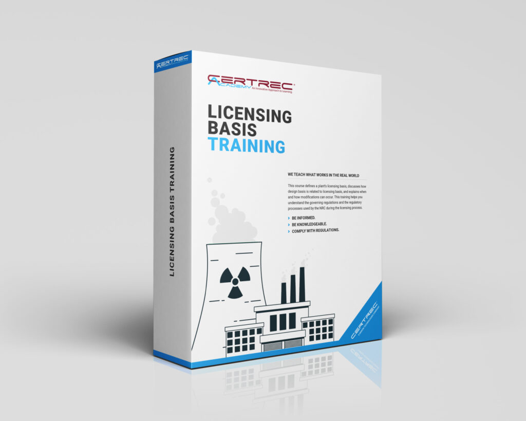 Box design for Certrec Academy’s “Licensing Basis Training” course, showing a nuclear facility, a checklist clipboard, and a professional in a reflective pose. The design emphasizes training on maintaining and understanding a plant’s licensing basis in compliance with NRC regulations.