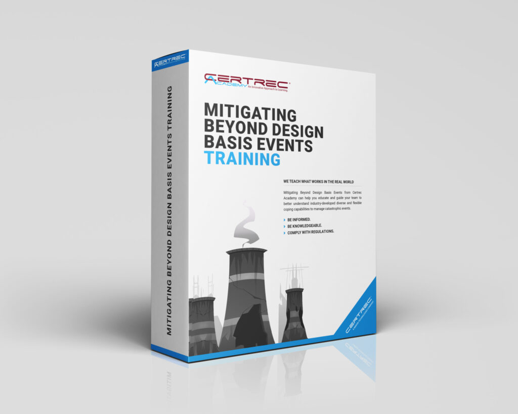 Box design for Certrec Academy’s “Mitigating Beyond Design Basis Events Training” course, featuring a stylized nuclear plant, checklist clipboard, and a thoughtful professional figure. The design highlights training on strategies and regulatory expectations for handling extreme events that exceed a plant’s original design parameters.