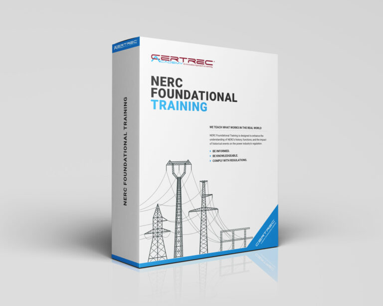 Box design for Certrec Academy’s “NERC Foundational Training” course, showing a nuclear power plant, checklist clipboard, and a focused professional. The design represents training on the fundamentals of North American Electric Reliability Corporation (NERC) standards and compliance essentials for the energy sector.