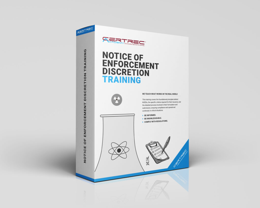 Box design for Certrec Academy’s “Notices of Enforcement Discretion Training” course, featuring line art of a nuclear facility, a checklist clipboard, and a reflective professional figure. The visual represents training on how to understand and apply NRC enforcement discretion policies effectively.