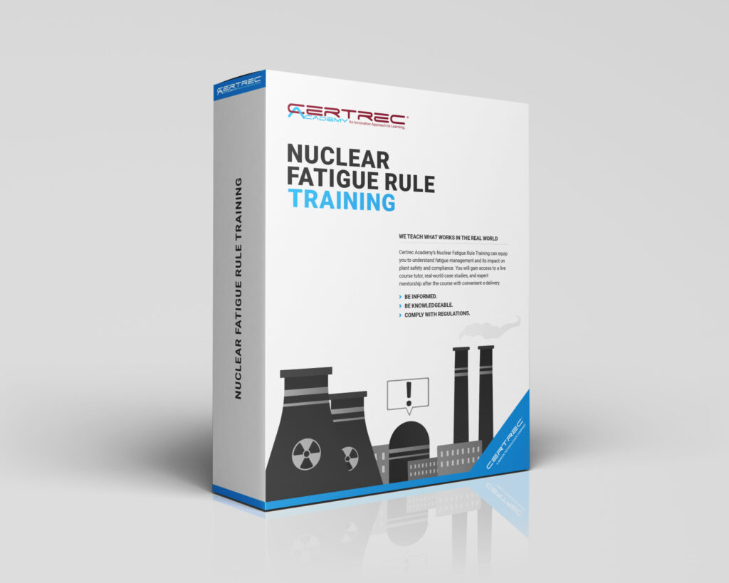 Box design for Certrec Academy’s “Nuclear Fatigue Rule Training” course, featuring a nuclear power plant, checklist clipboard, and a professional in a thoughtful stance. The design emphasizes training on managing worker fatigue in compliance with NRC’s 10 CFR Part 26 fatigue management requirements.
