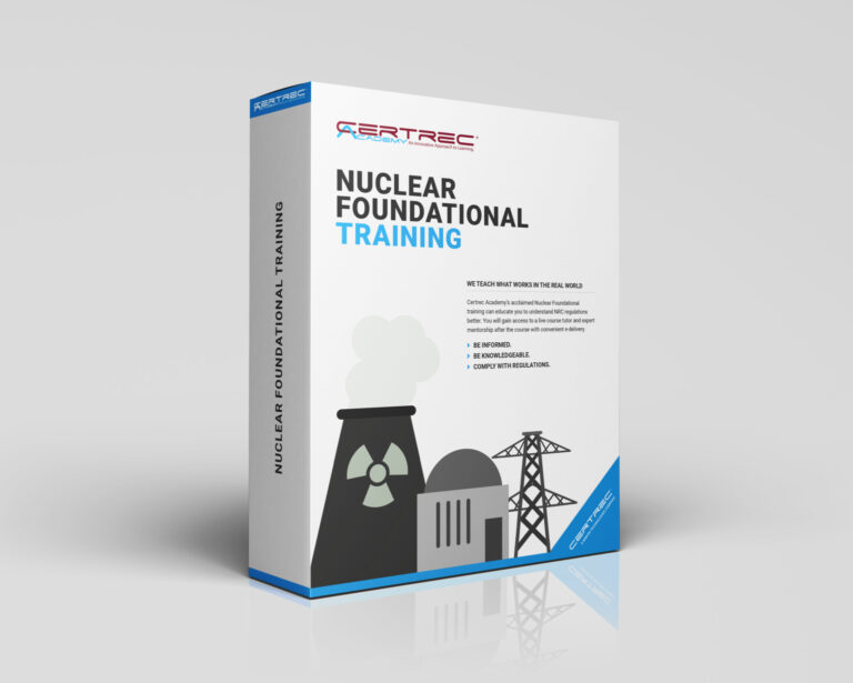 Box design for Certrec Academy’s “Nuclear Foundational Training” course, featuring illustrations of a nuclear facility, checklist clipboard, and a professional in a learning posture. The design emphasizes core concepts and regulatory basics essential for newcomers to the nuclear industry.