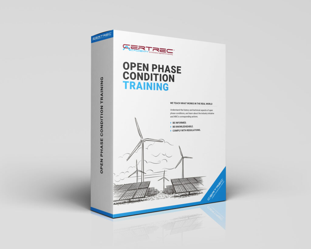 Box design for Certrec Academy’s “Open Phase Condition Training” course, featuring a stylized nuclear facility, checklist clipboard, and a reflective professional. The design highlights training on identifying and mitigating open phase electrical conditions to ensure nuclear plant safety and compliance.