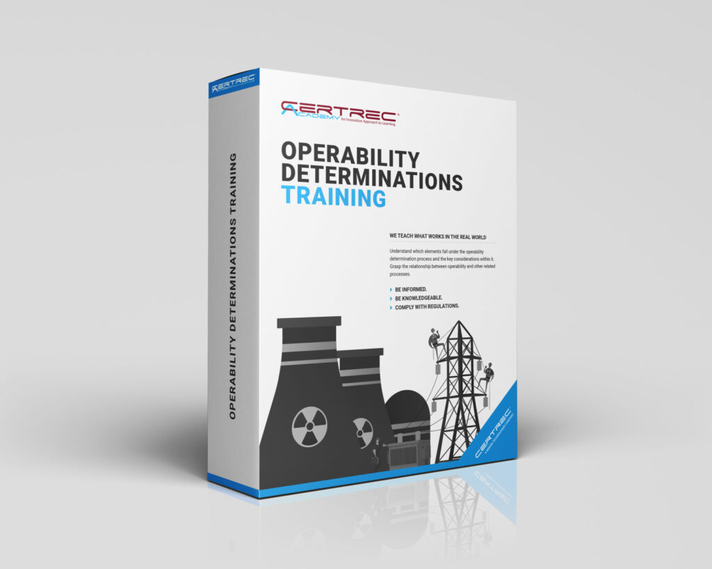 Box design for Certrec Academy’s “Operability Determinations Training” course, depicting a nuclear plant, checklist clipboard, and a reflective professional figure. The design highlights training on assessing system operability to support safe and compliant decision-making in nuclear facility operations.