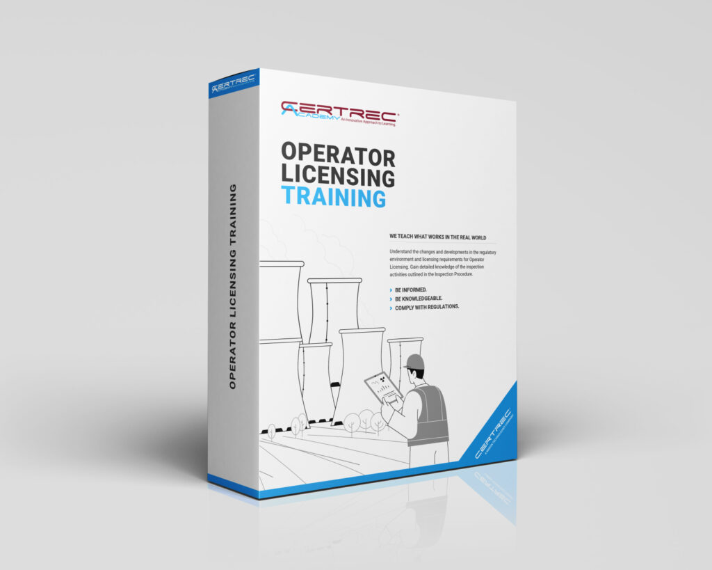 Box design for Certrec Academy’s “Operator Licensing Training” course, featuring illustrations of a nuclear facility, a checklist clipboard, and a focused professional. The design emphasizes training on the NRC licensing process for nuclear plant operators, including exam preparation and regulatory requirements.