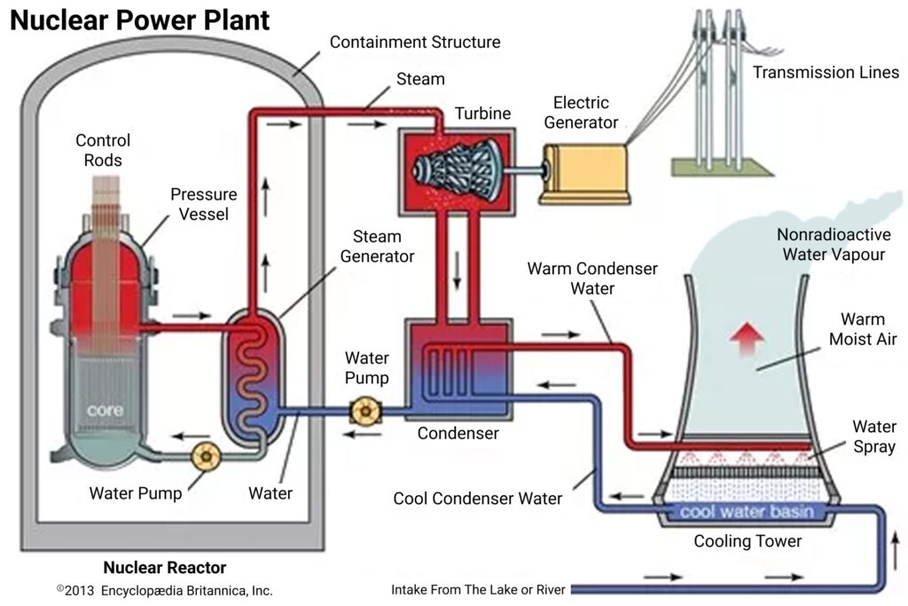 Diagram of a nuclear power plant showing labeled components including the core, control rods, pressure vessel, steam generator, turbine, electric generator, and cooling tower. Arrows indicate the flow of water and steam through the system, with nonradioactive water vapor released from the cooling tower and electricity sent to transmission lines.