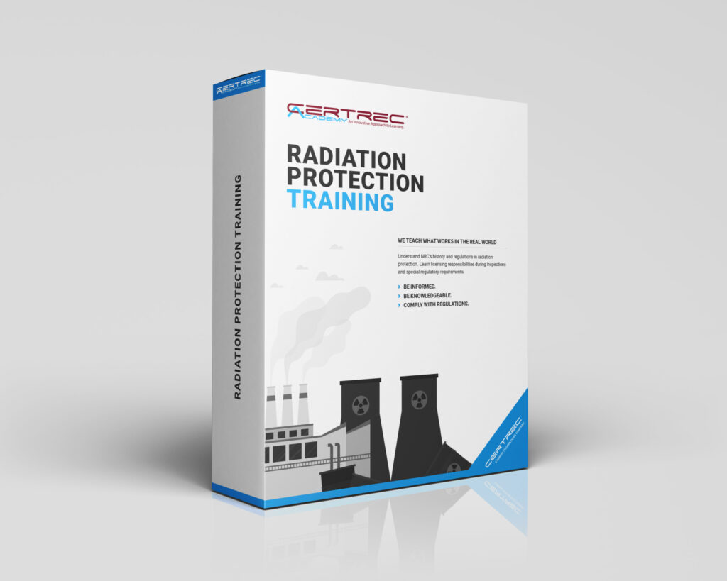 Box design for Certrec Academy’s “Radiation Protection Training” course, featuring illustrations of a nuclear plant, checklist clipboard, and a thoughtful professional. The design emphasizes training on radiation safety principles, exposure limits, and regulatory compliance in nuclear environments.
