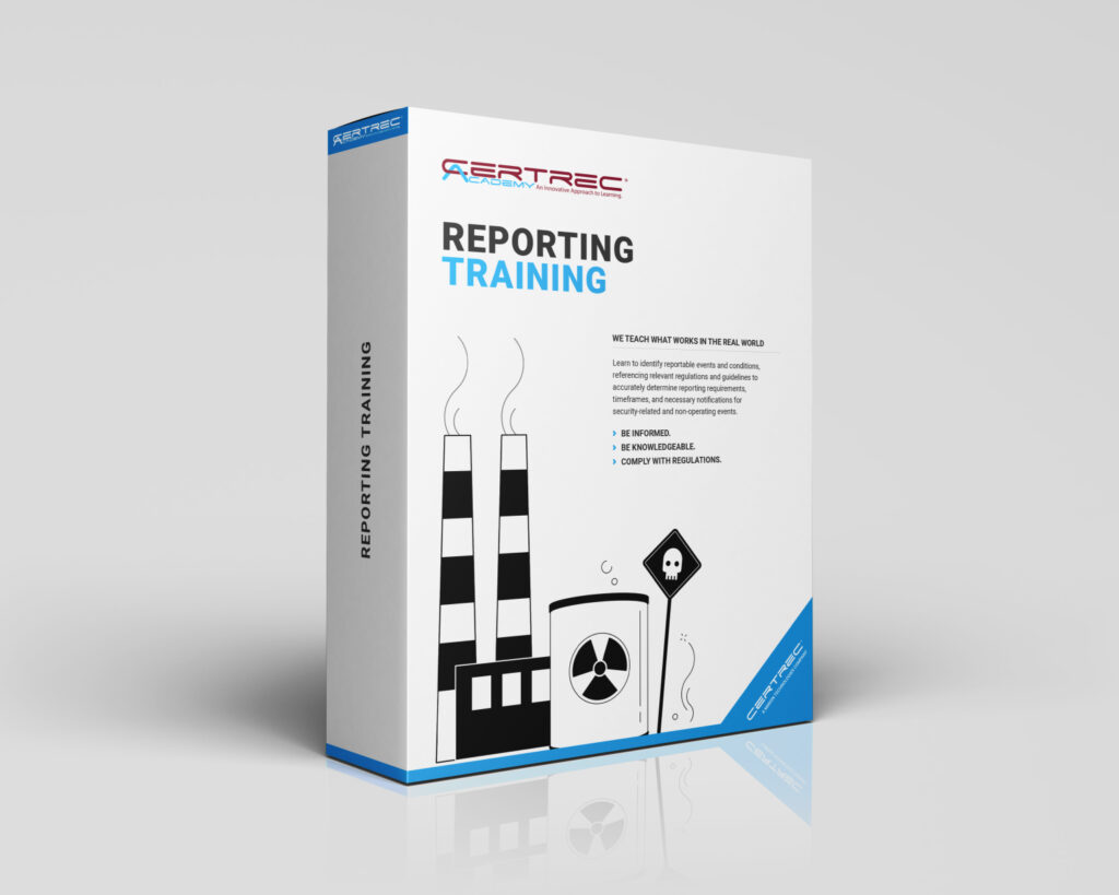 Box design for Certrec Academy’s “Reporting Training” course, featuring illustrations of a nuclear power plant, a checklist clipboard, and a thoughtful professional. The visual highlights training focused on accurate and timely regulatory reporting within the nuclear industry.