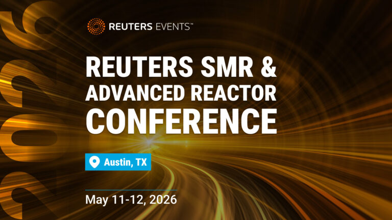 Banner for the Reuters SMR & Advanced Reactor Conference 2026, hosted in Austin, TX. The image features a dynamic golden swirl background with bold white text and the Reuters Events logo at the top.