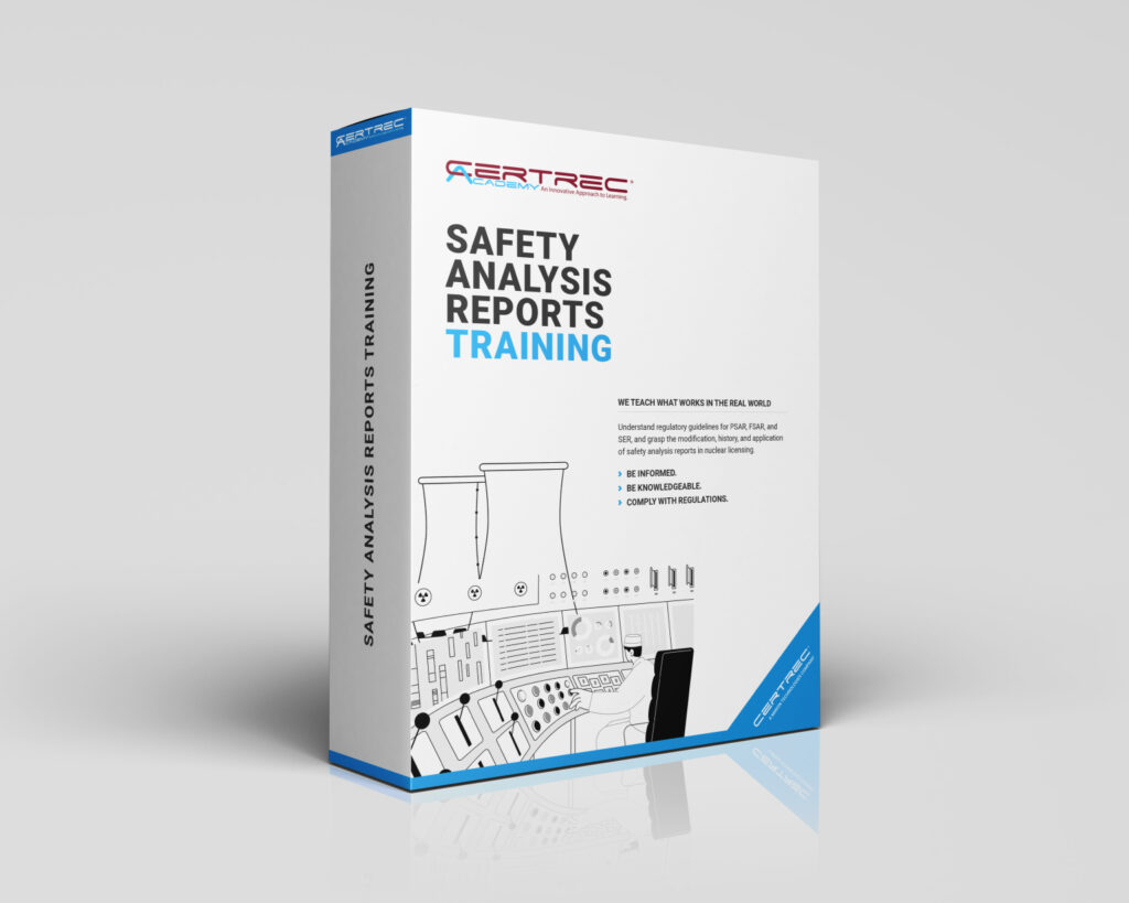 Box design for Certrec Academy’s “Safety Analysis Reports Training” course, featuring a nuclear power plant illustration, checklist clipboard, and a professional figure. The packaging underscores training on preparing and interpreting Safety Analysis Reports (SARs) to ensure nuclear plant safety and regulatory compliance.