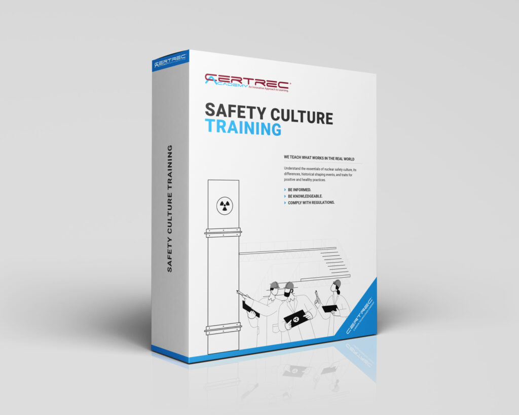 Box design for Certrec Academy’s “Safety Culture Training” course, featuring a stylized nuclear plant, a checklist clipboard, and a thoughtful professional. The design conveys training focused on fostering a strong nuclear safety culture aligned with industry best practices and NRC guidance.