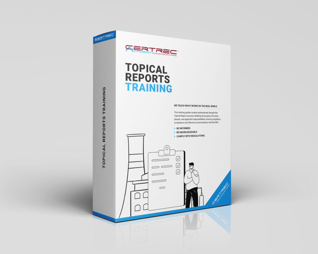 Box design for Certrec Academy’s “Topical Reports Training” course, featuring illustrations of a nuclear power plant, checklist clipboard, and a thoughtful professional. The packaging emphasizes practical regulatory compliance training for nuclear professionals.