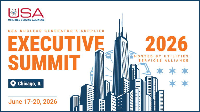Promotional graphic for the USA Executive Summit 2026 hosted by the Utilities Service Alliance, featuring a cityscape illustration of Chicago, IL, and emphasizing the event for USA nuclear generators and suppliers.