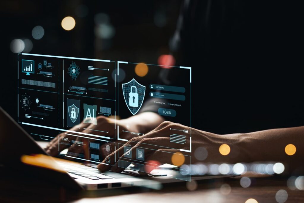 Close-up of hands typing on a laptop keyboard with a transparent digital overlay showing cybersecurity graphics, login fields, and data protection icons. The image conveys the concept of secure user authentication and password management in cybersecurity environments.