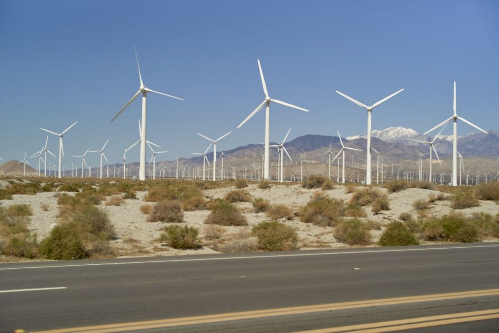 Large wind farm with dozens of turbines across a desert landscape, representing wind plants U.S. and renewable energy production.