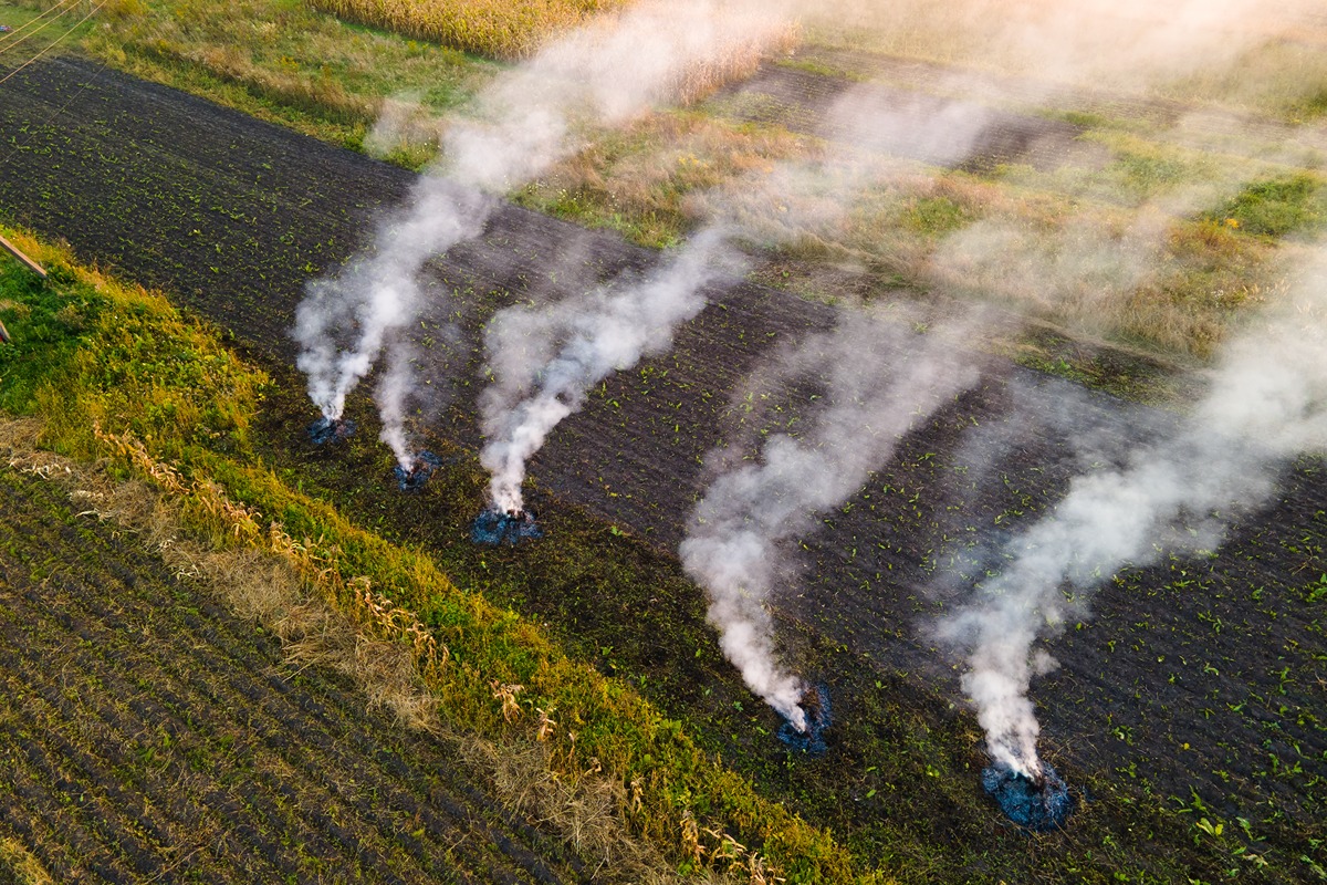 Million to Advance Alberta Drilling Technologies and Cut Emissions-Certrec Aerial view of a farmland field with four smoke vents emitting white smoke along furrows, seen from above.