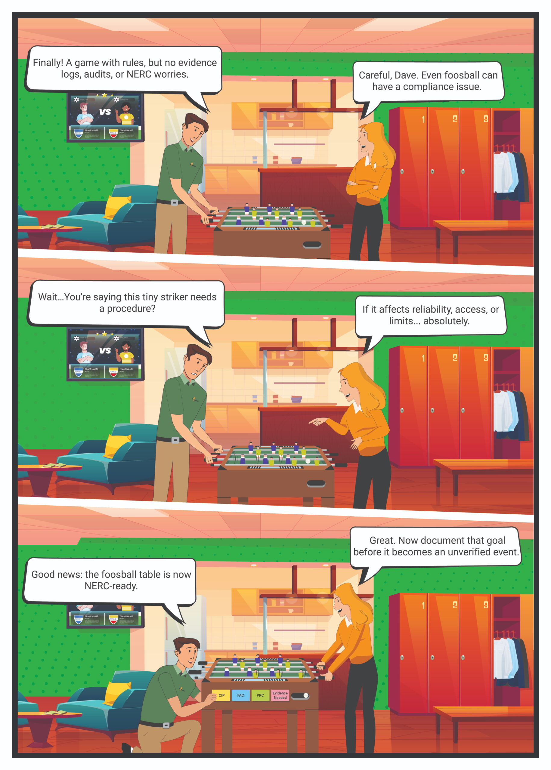 Comic panel of two people foosballing in a sunny break room with green walls; speech bubbles discuss rules, compliance, and NERC readiness, highlighting safety and procedures.