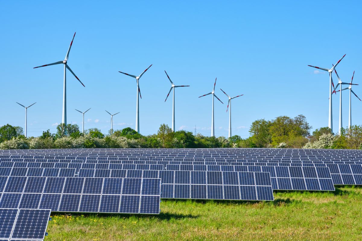 EIA Forecasts 20 Increase in Utility-Scale Solar Capacity This Summer - Certrec Rows of solar panels in a grassy field with wind turbines rising in the background under a clear blue sky