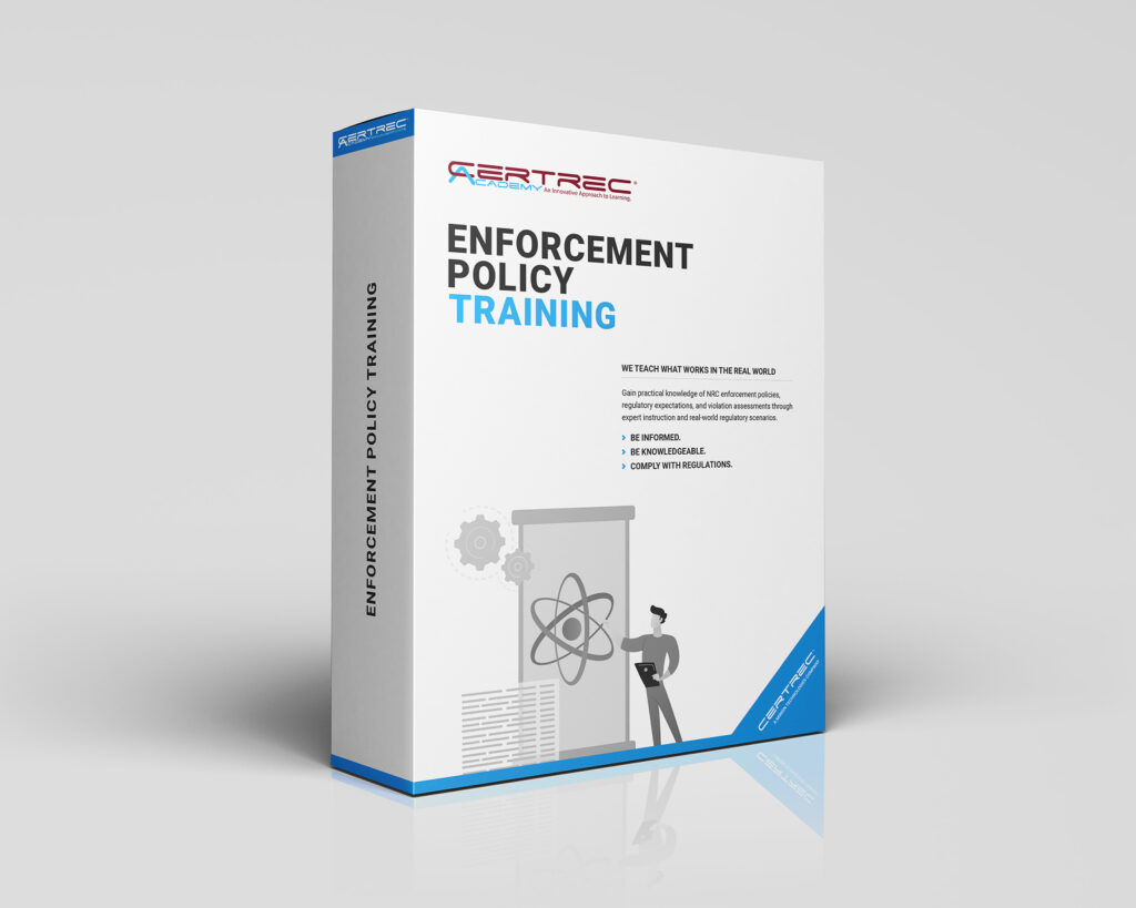 Product box for Enforcement Policy Training by CertRec Academy, featuring a presenter beside a display with gears and scientific diagram, blue accents on a white box.