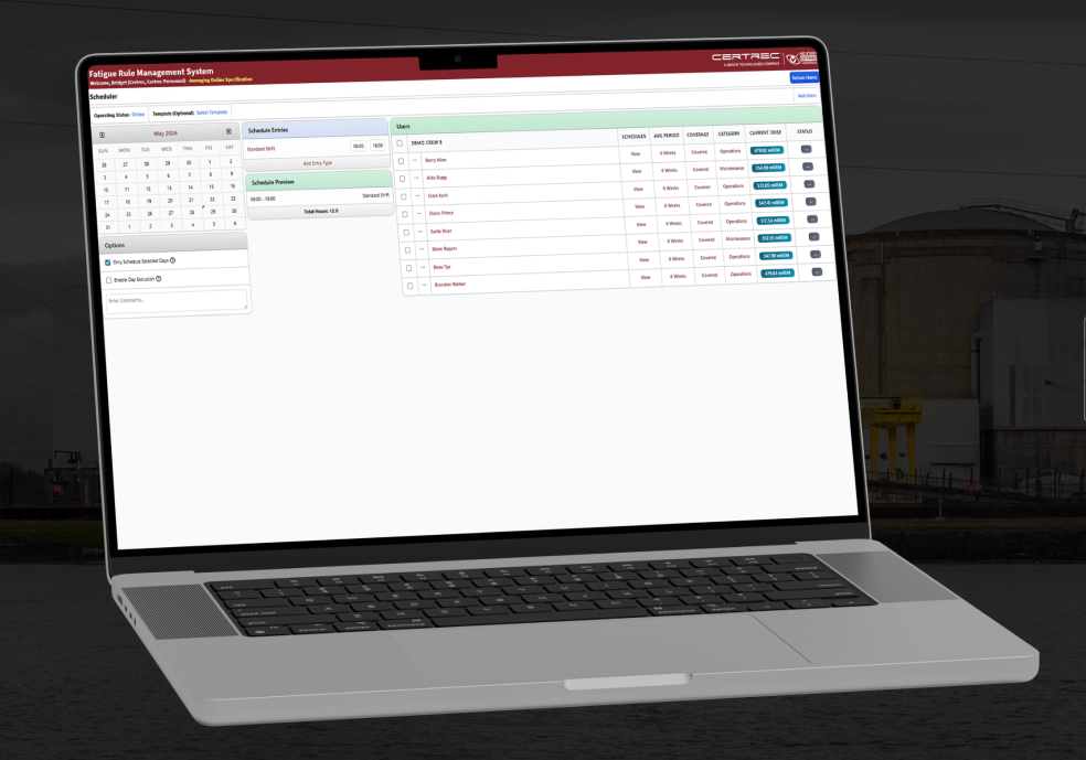 Laptop screen shows a Fatigue Rule Management System dashboard with schedules and a user list for management tasks.