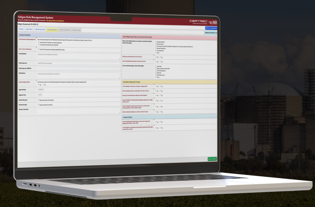 Laptop on a desk displaying a Fatigue Rule Management System dashboard with labeled form fields and colored sections.