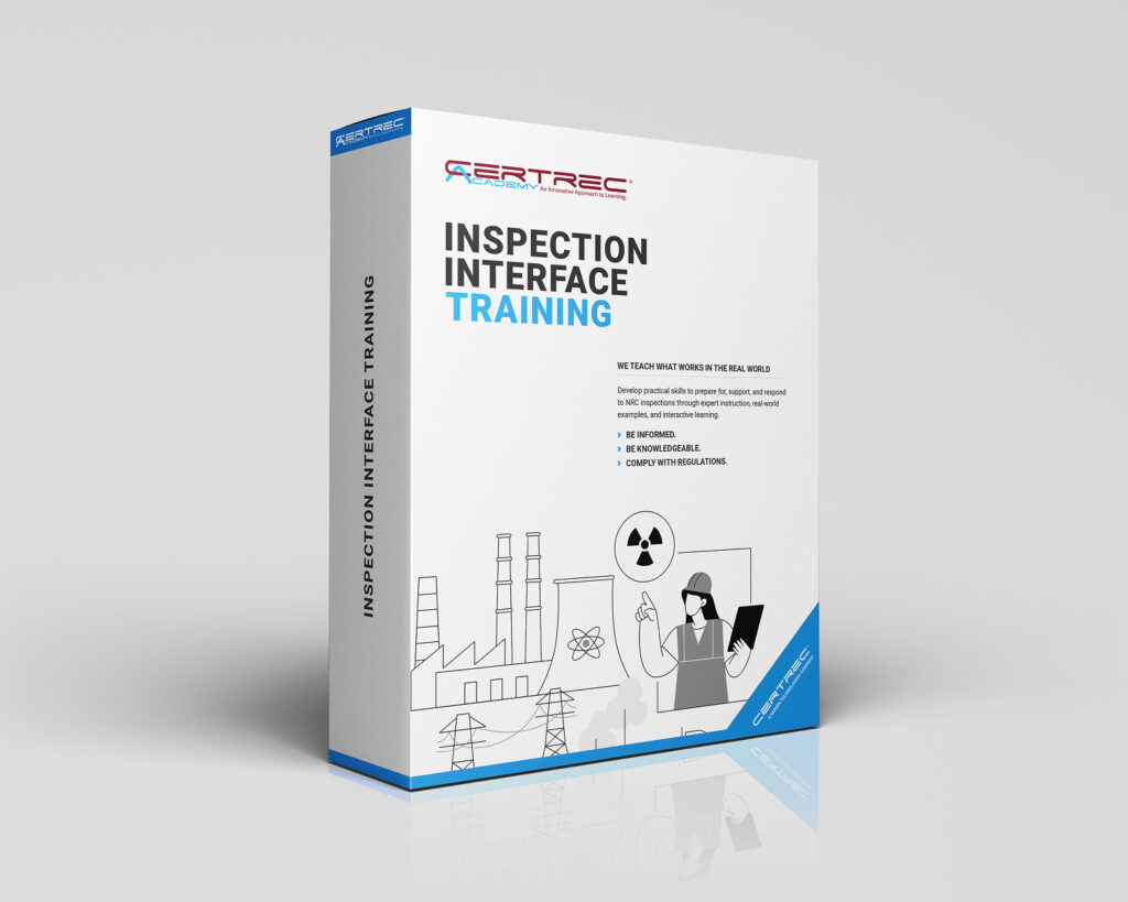 White training box with blue accents showing 'INSPECTION INTERFACE TRAINING' and CERTREC logo; industrial illustrations and a worker holding a clipboard on the lower right, with 'Inspection Interface Training' printed on the side panel.