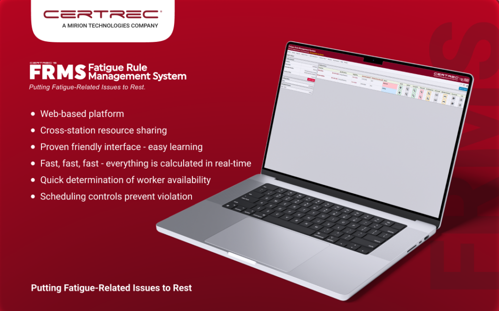 Promotional banner for CERTREC FRMS fatigue rule management system; laptop screen with software and a feature list on a red background.