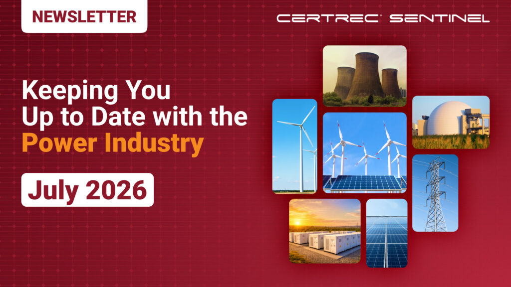Newsletter banner: 'Keeping You Up to Date with the Power Industry' with 'July 2026' on a maroon grid background and a collage of energy images on the right.
