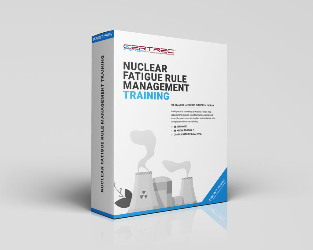 Boxed training program titled 'Nuclear Fatigue Rule Management Training' by CertRec Academy, with blue accents and industrial imagery on the front panel.