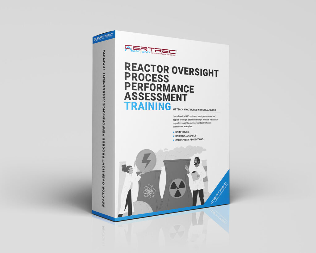 3D box packaging for Reactor Oversight Process Performance Assessment Training with blue accent line; features large bold title and a science-themed illustration at the bottom, including cooling towers and workers; branding shows AERTREC ACADEMY on the top edge.