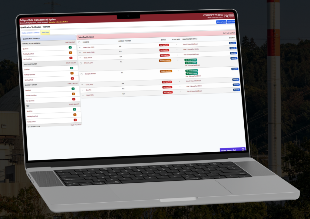 Laptop shows a fatigue rule management dashboard with qualification status and user list panels on a large screen.