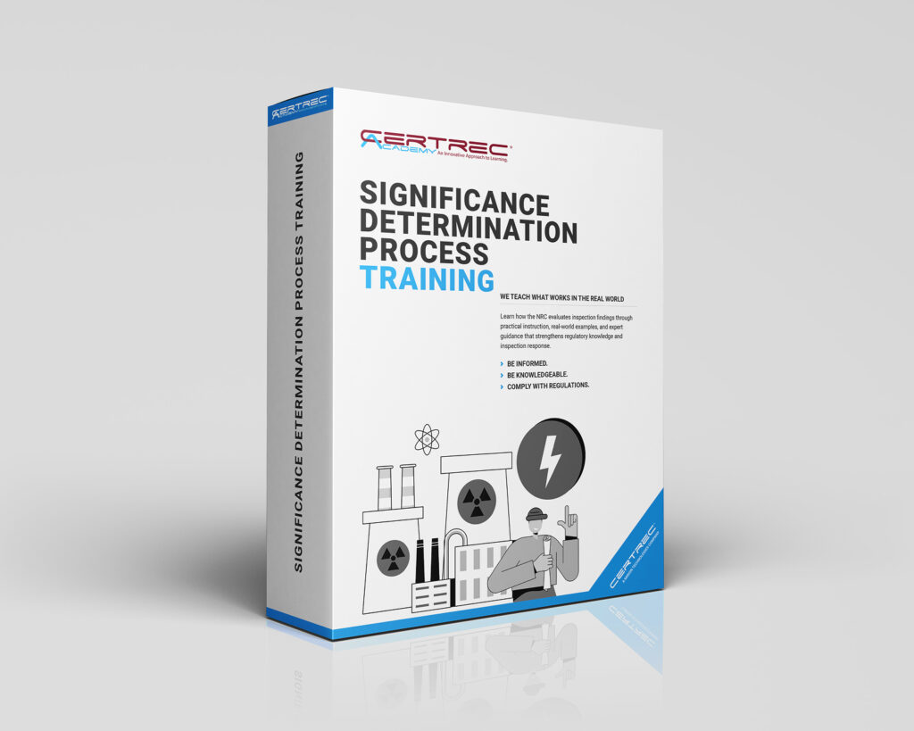 White training box labeled 'Significance Determination Process Training' with blue accents and an industrial illustration at the bottom front.