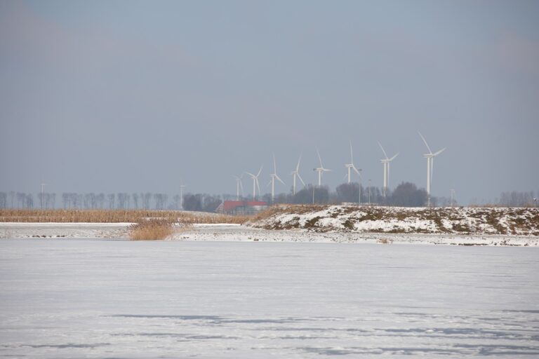 States Seek to Join Suit Against Federal Wind Power Freeze-Certrec Snowy landscape with a row of wind turbines on the horizon and a red-roofed barn among trees in the distance.