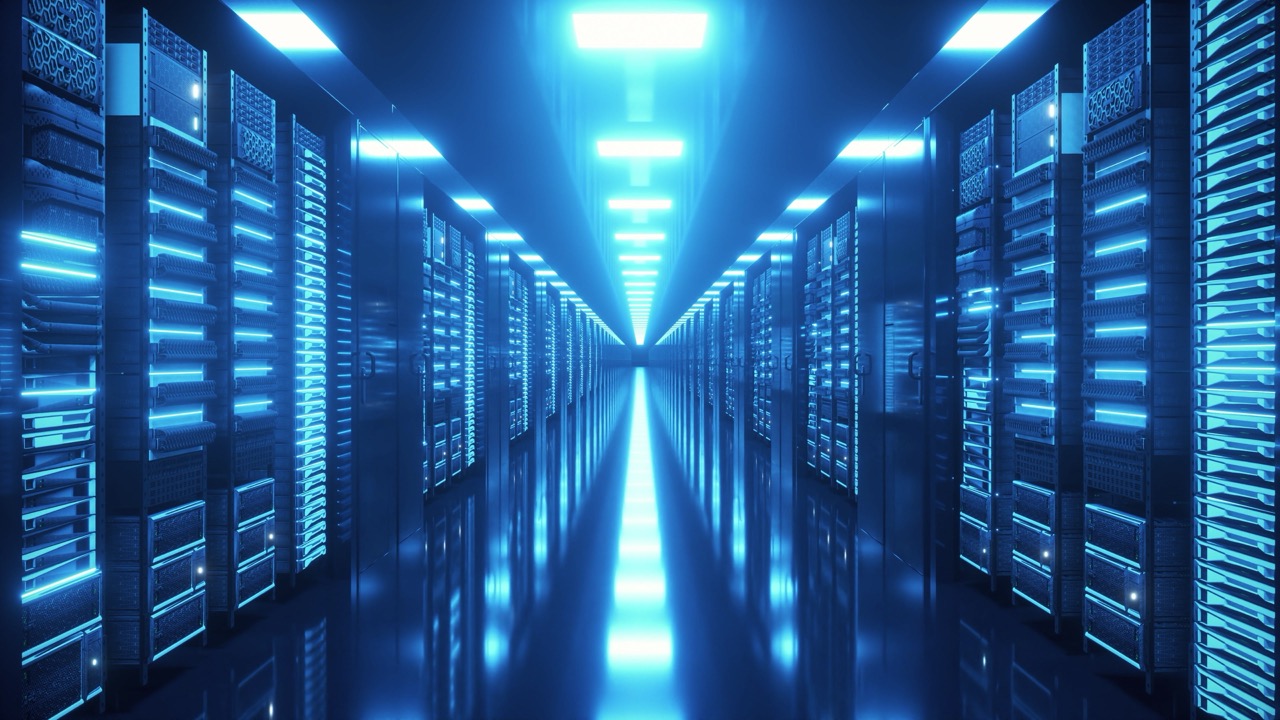 Data center with endless servers Network and information servers behind glass panels Cloud computing data storage 4K high quality loop animation Long-exposure style data center corridor with rows of server racks glowing blue lights.