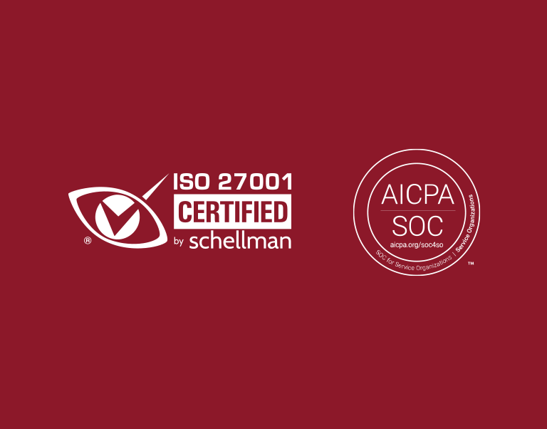 certrec-marks-over-a-decade-of-compliance-excellence-with-latest-soc-2-type-2-examination-and-iso-27001-certification Red background with ISO 27001 Certified by Schellman and AICPA SOC logos side by side, indicating certifications for information security and services organizations offshore standards.