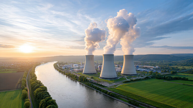 Industrial cooling towers emitting steam over a river at sunset, with fields and a town in the distance