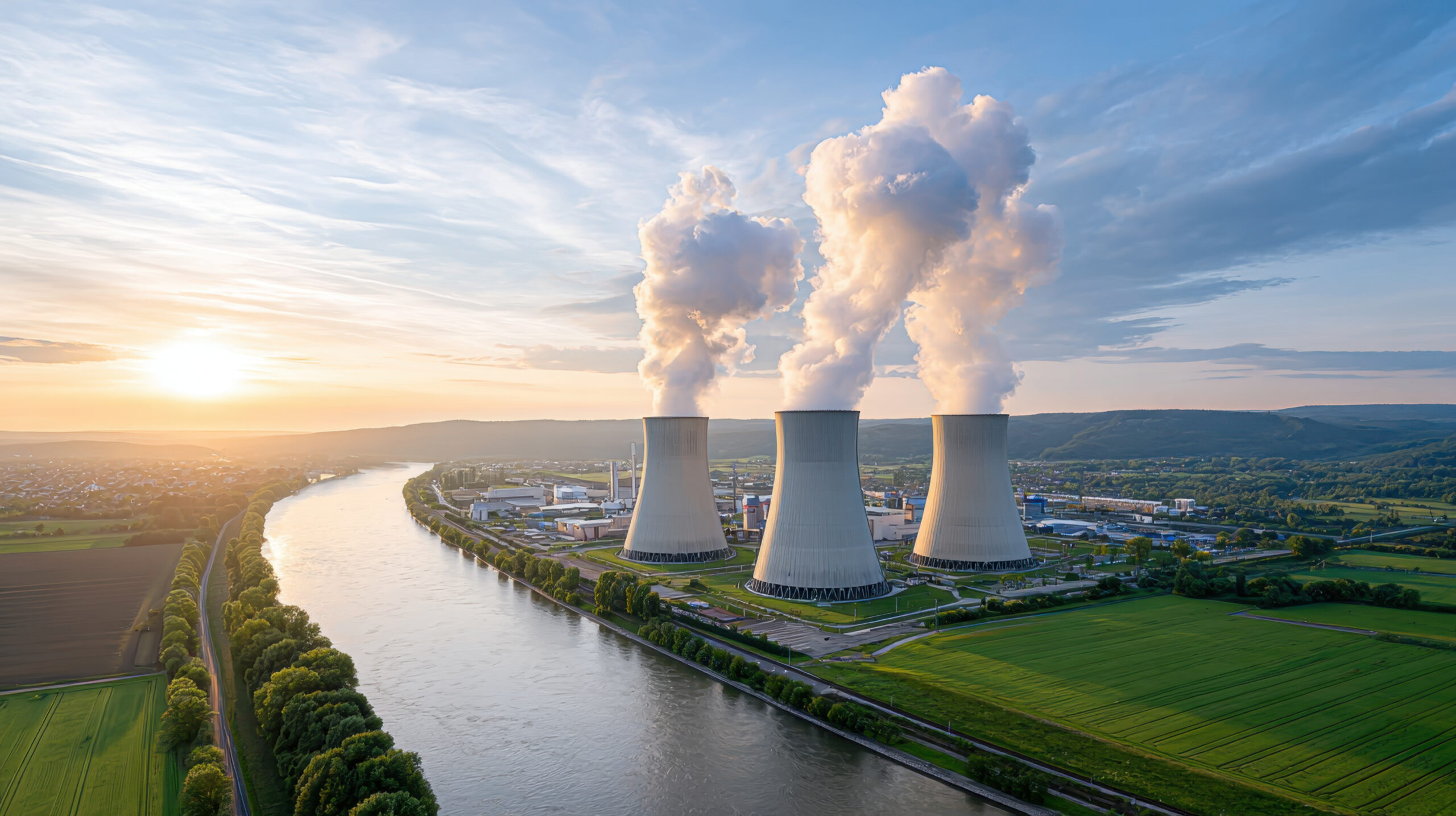 Industrial cooling towers emitting steam over a river at sunset, with fields and a town in the distance